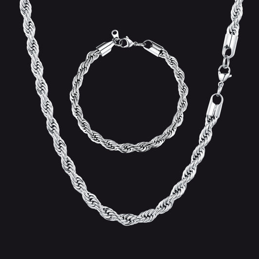 6mm Twisted Rope Link Chain & Rope Bracelet Bundle Set for