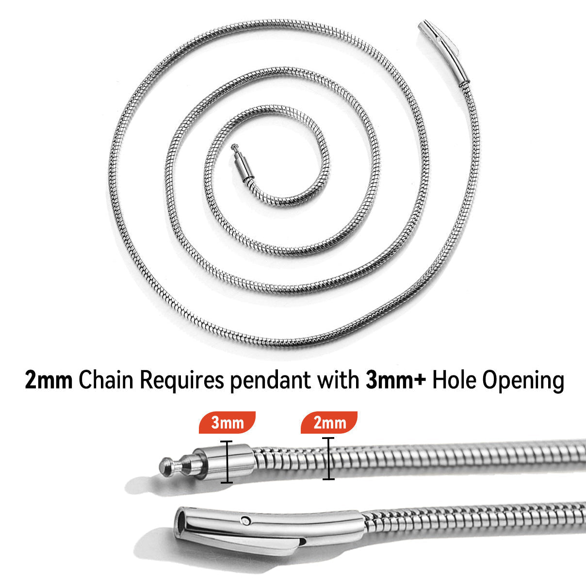 2mm Thin Snake Chain Stainless Steel Necklace for