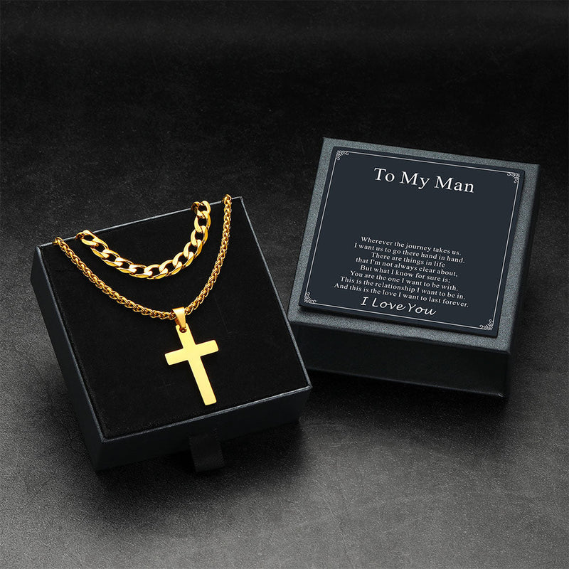 Gift for Cuban Chain & Cross Pendant Layered Necklace Set Birthday Gift