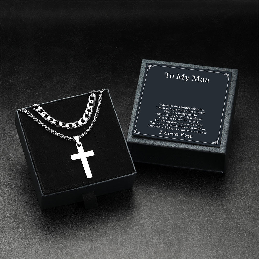 Gift for Cuban Chain & Cross Pendant Layered Necklace Set Birthday Gift