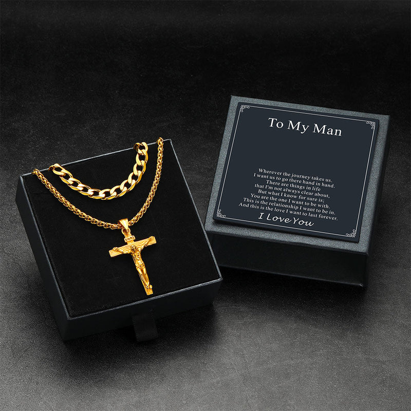 Gift for Jesus Cross & Cuban Chain Layered Necklace Set Birthday Gift