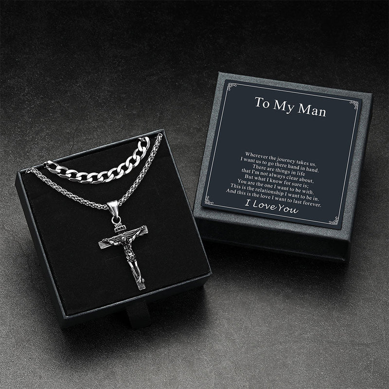 Gift for Jesus Cross & Cuban Chain Layered Necklace Set Birthday Gift