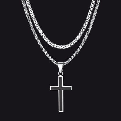 Flat Box Link Chain & Black Enamel Cross Layered Necklaces Set for