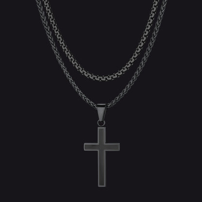 Flat Box Link Chain & Black Enamel Cross Layered Necklaces Set for