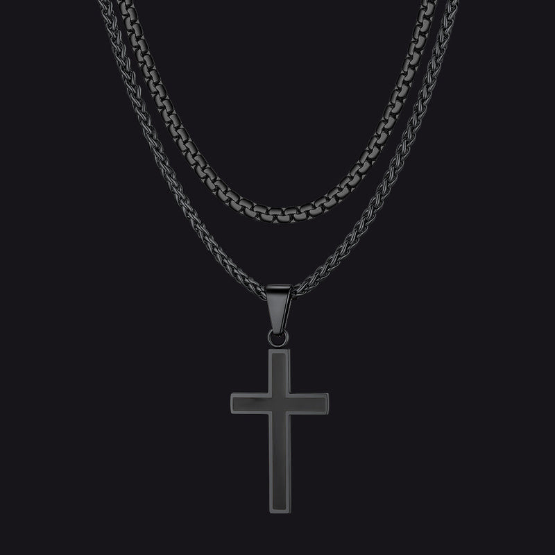 Flat Box Link Chain & Black Enamel Cross Layered Necklaces Set for