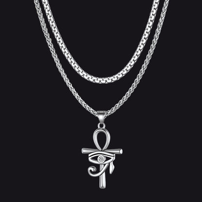 Flat Box Chain & Ankh Cross Layered Necklaces Set for