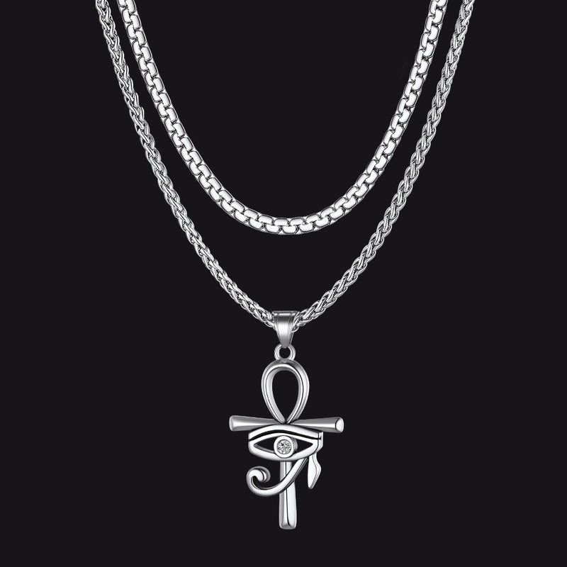 Flat Box Chain & Ankh Cross Layered Necklaces Set for