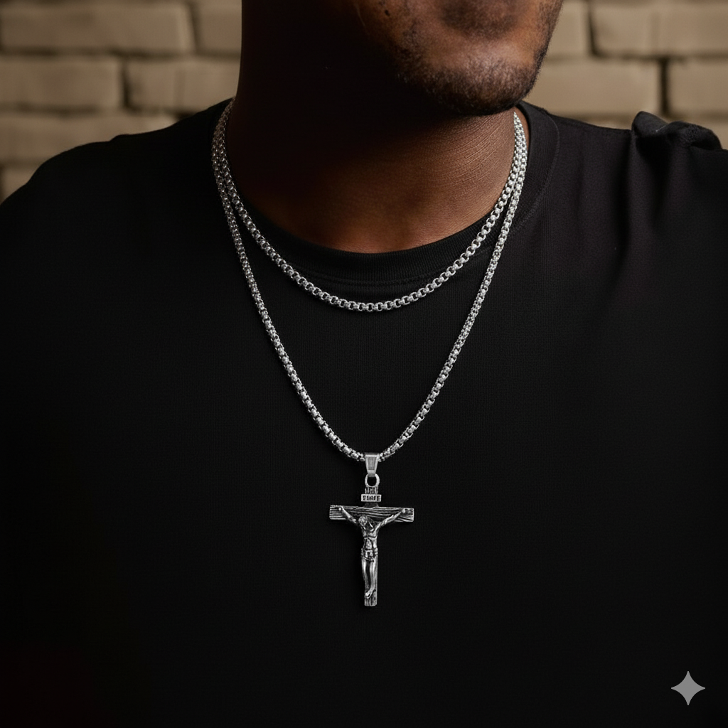 Flat Box Chain & Jesus Cross Layered Necklaces Set for