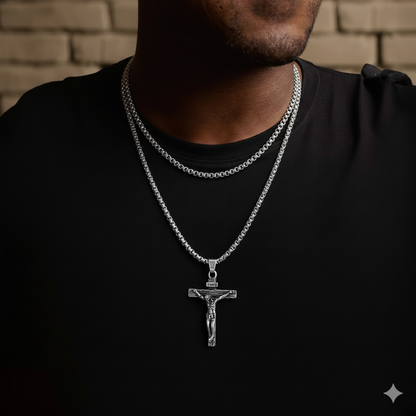 Flat Box Chain & Jesus Cross Layered Necklaces Set for