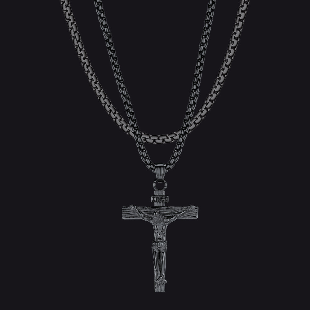 Flat Box Chain & Jesus Cross Layered Necklaces Set for