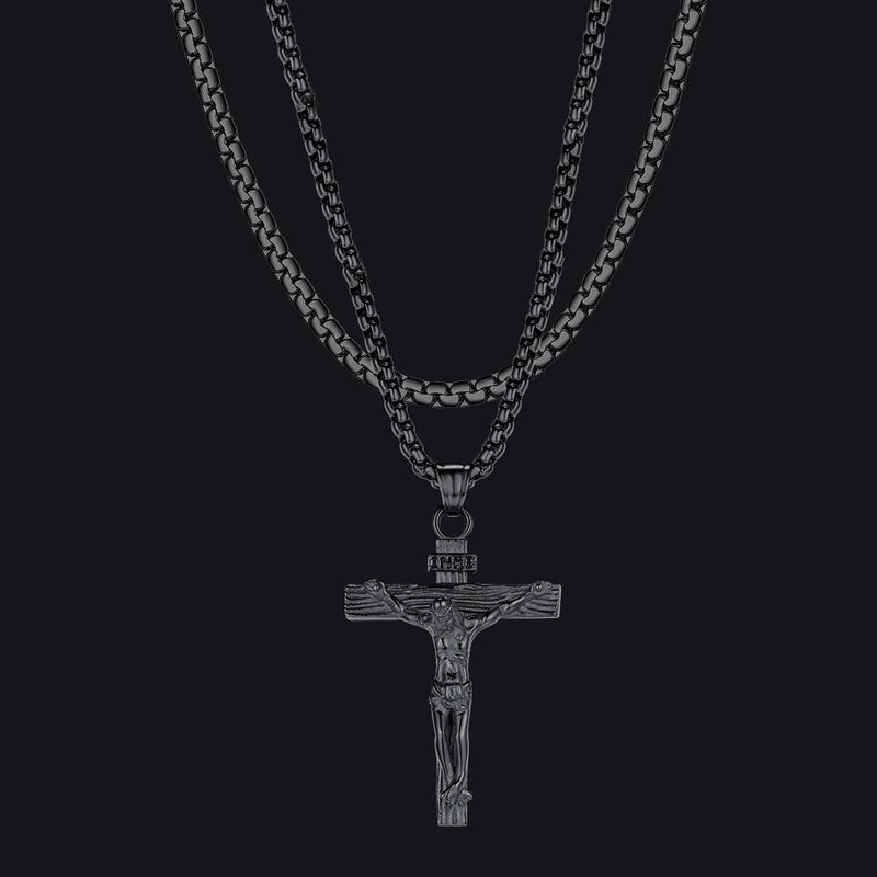 Flat Box Chain & Jesus Cross Layered Necklaces Set for