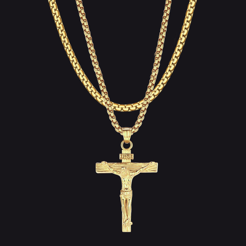 Flat Box Chain & Jesus Cross Layered Necklaces Set for