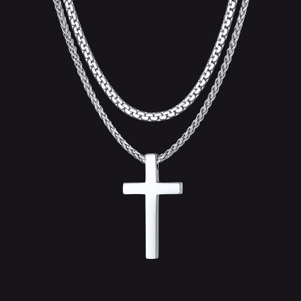 Flat Box Chain & Engraved Cross Layered Necklaces Set for