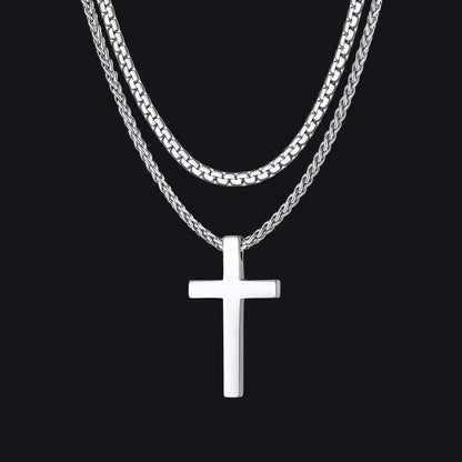 Flat Box Chain & Engraved Cross Layered Necklaces Set for