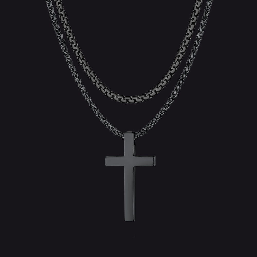 Flat Box Chain & Engraved Cross Layered Necklaces Set for