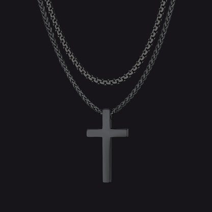 Flat Box Chain & Engraved Cross Layered Necklaces Set for