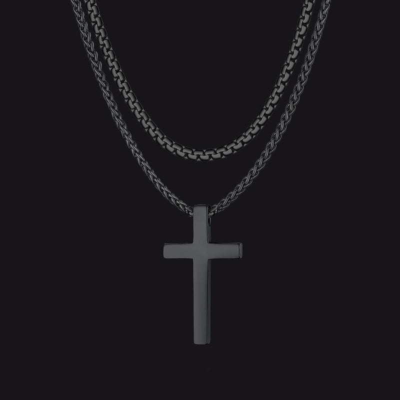 Flat Box Chain & Engraved Cross Layered Necklaces Set for