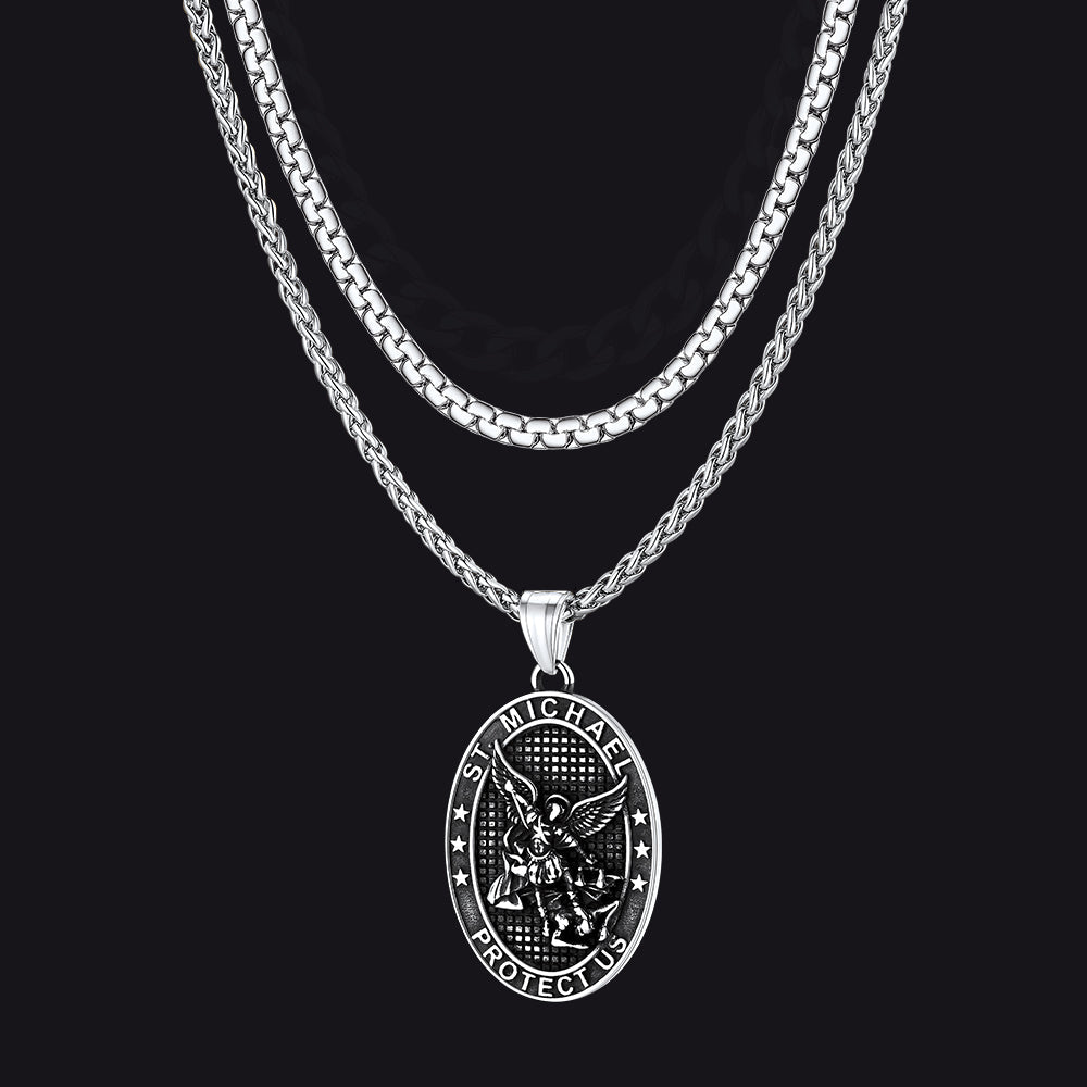 Flat Box Chain & St. Michael Layered Necklaces Set for
