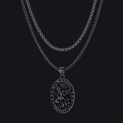 Flat Box Chain & St. Michael Layered Necklaces Set for