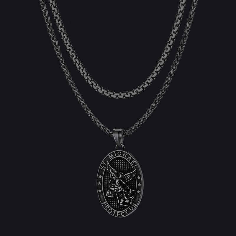 Flat Box Chain & St. Michael Layered Necklaces Set for