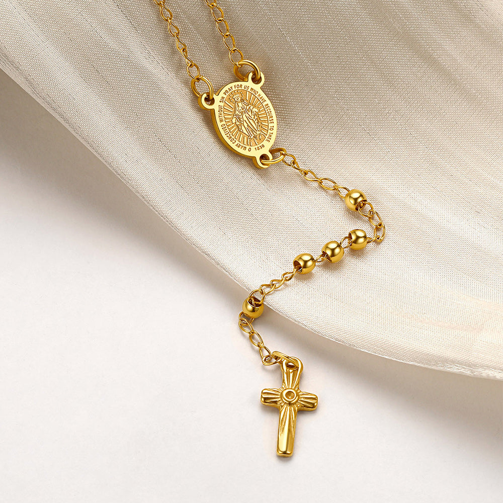 Dainty Virgin Mary Rosary Beads Necklace With Prayer Card & Box