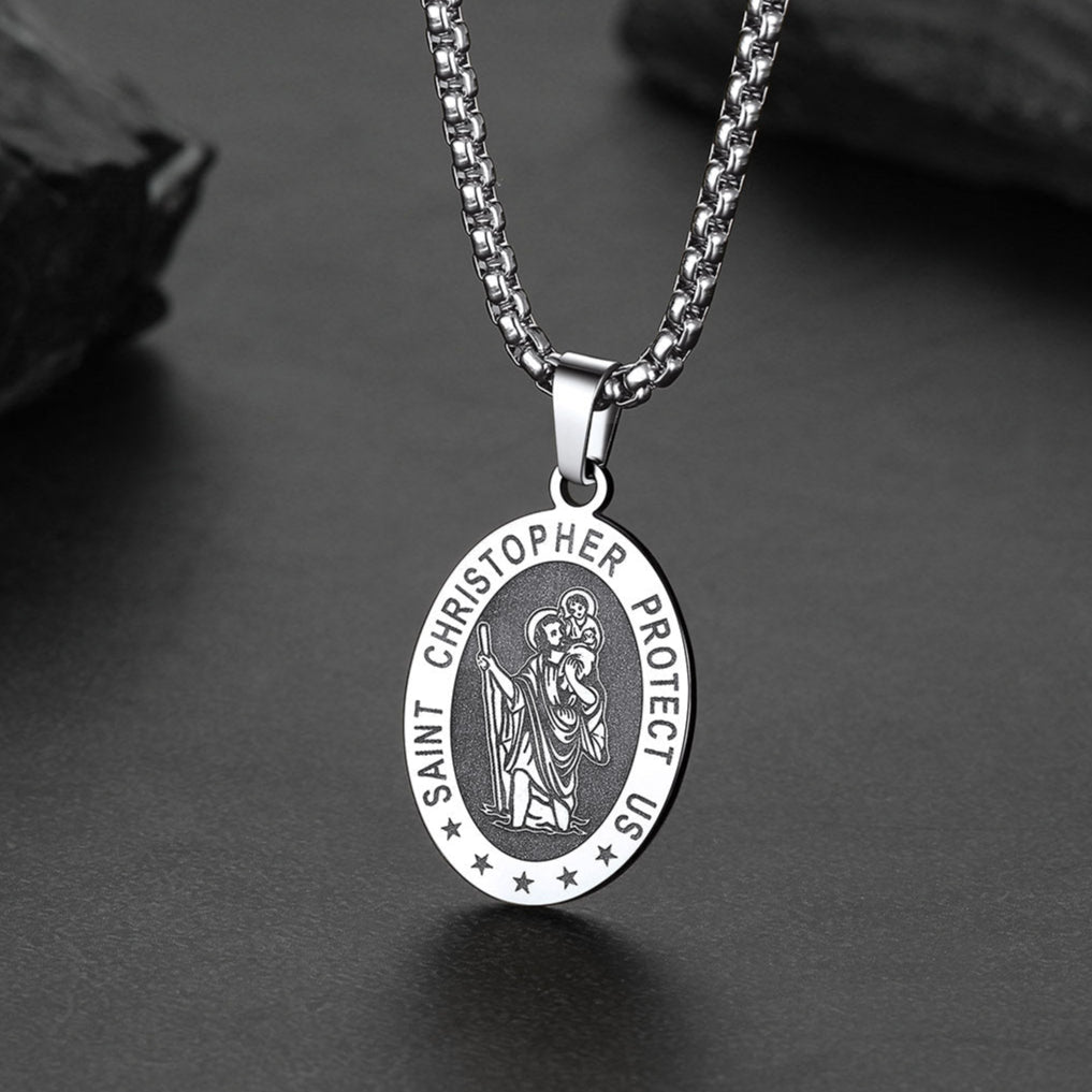 Oval Christian Saint Christopher Protection Medal Necklace for
