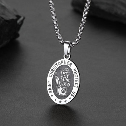Oval Christian Saint Christopher Protection Medal Necklace for