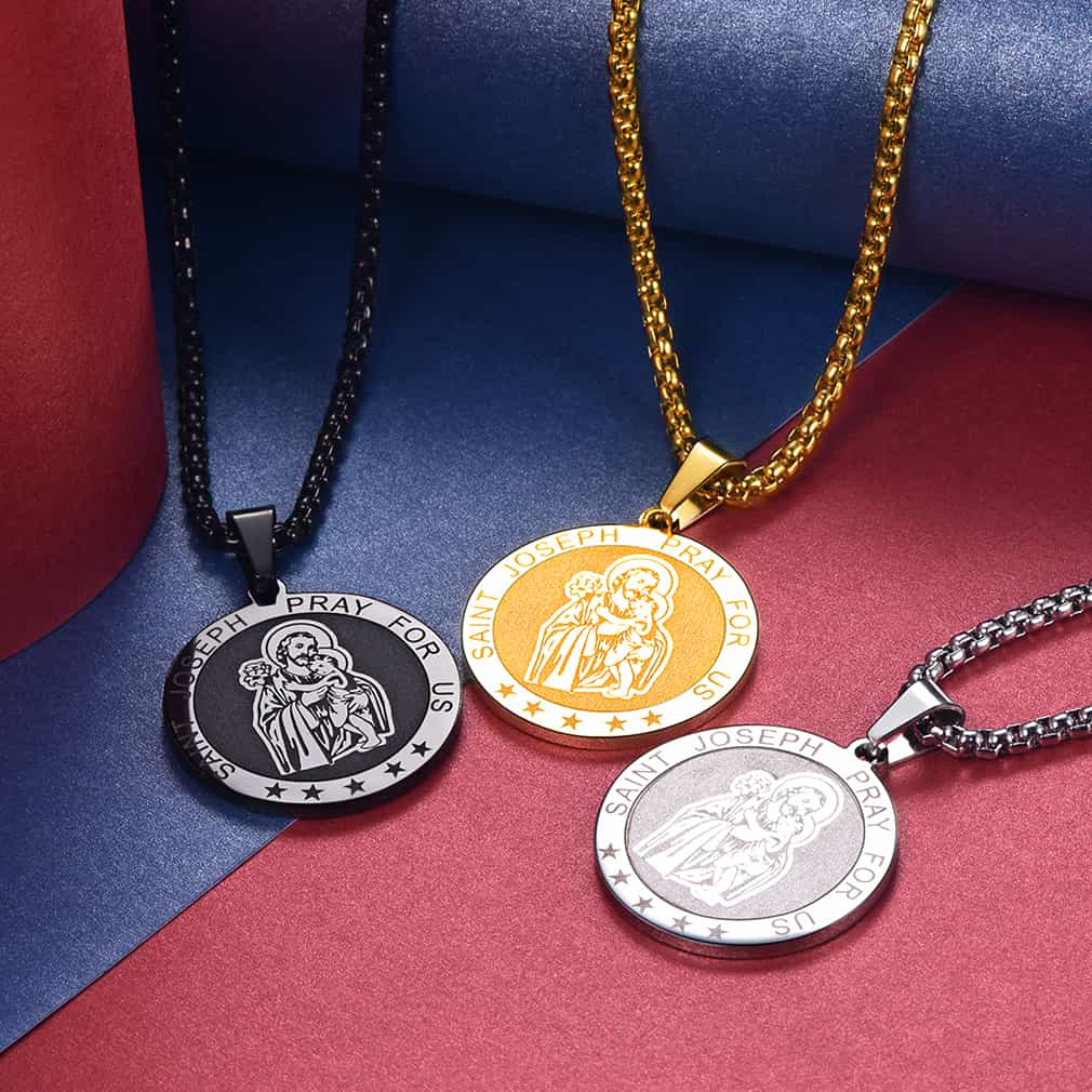 Flash Engraved Catholic Saint Joseph Pendant Necklace