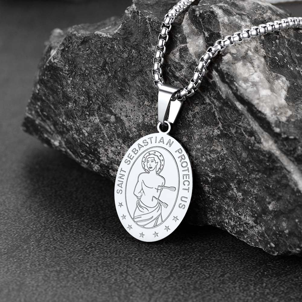 Saint Sebastian Football Necklace Medal for Protection in Stainless Steel