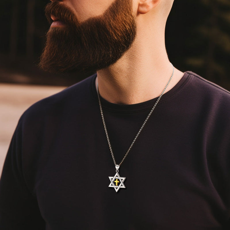 Sterling Silver Cross Star of David Necklace for