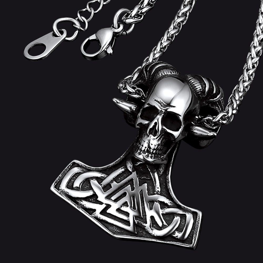 Viking Mjolnir Thor's Hammer Skull Necklace Pendant for