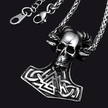Viking Mjolnir Thor's Hammer Skull Necklace Pendant for
