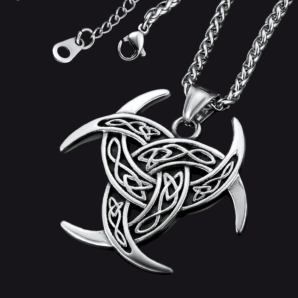 Viking Triple Horn of Odin Necklace Crescent Triquetra Charm Amuelt for