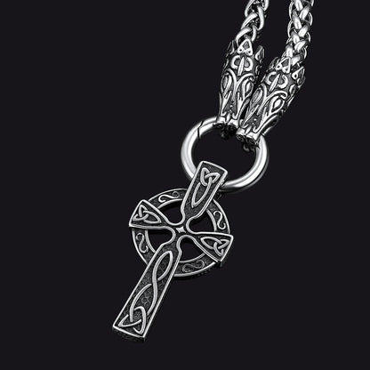 Celtic Knot Cross Necklace With Wolf Rope Chain for
