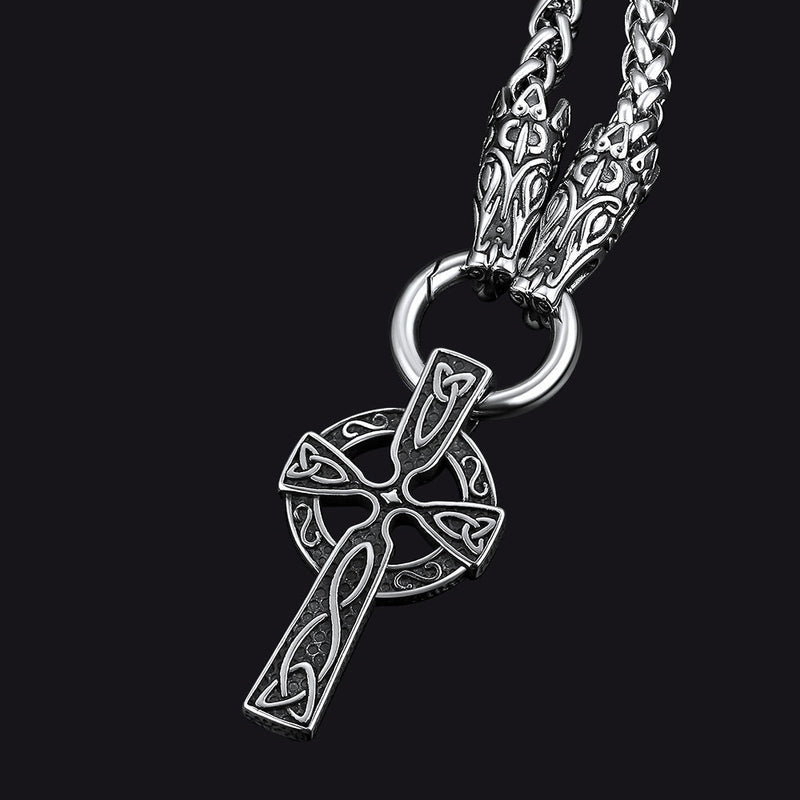 Celtic Knot Cross Necklace With Wolf Rope Chain for