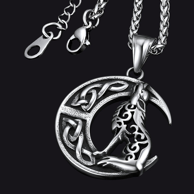 Viking Celtic Crescent Moon Wolf Necklace Pendant for