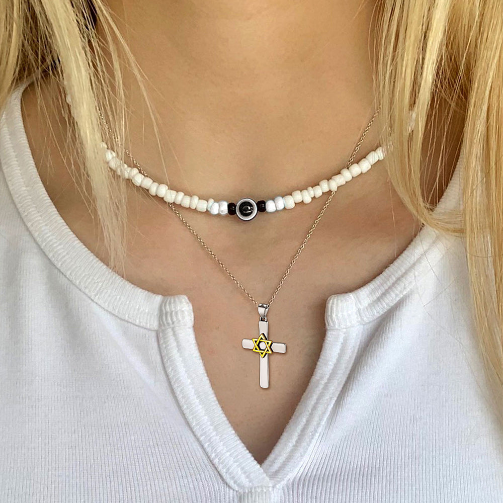 Silver Cross Star of David Pendant Necklace for