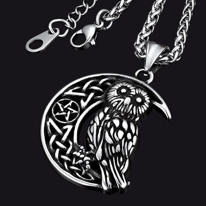 Viking Celtic Crescent Moon Owl Necklace for