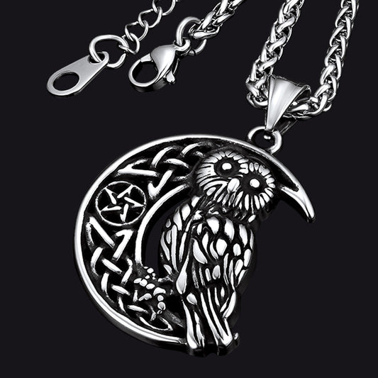 Viking Celtic Crescent Moon Owl Necklace for