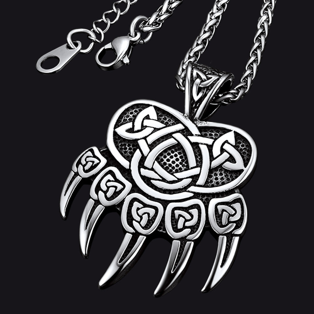 Viking Bear Paw Necklace With Celtic Knot for