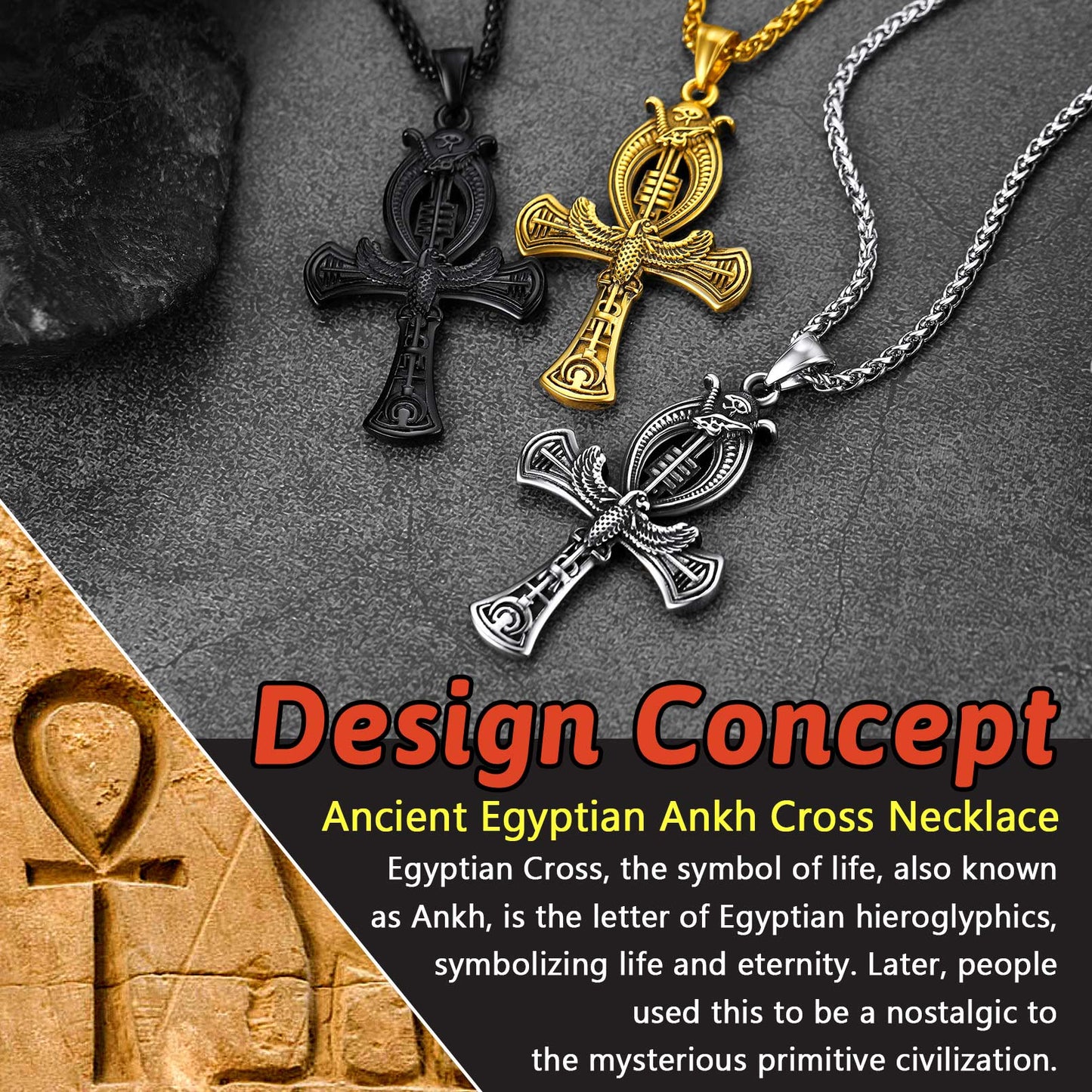 Flash Egyptian Ankh Cross Necklace With Eagle for