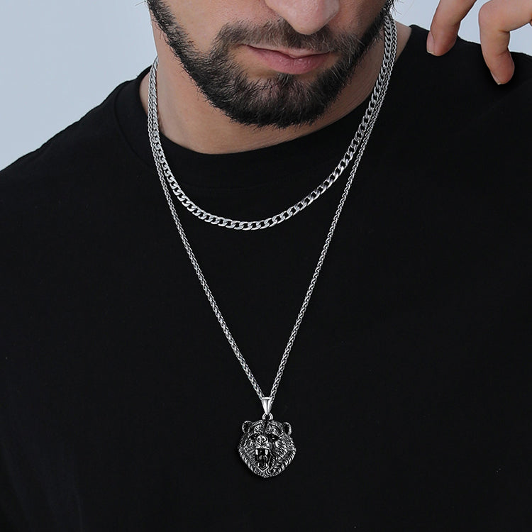 Wild Roaring Bear Head Pendant Necklace for