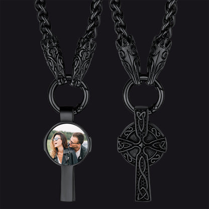 Personalized Celtic Cross Picture Necklace With Wolf King Chain