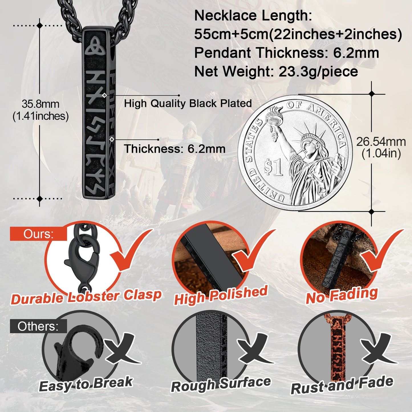 Engraved Viking Runes Bar Necklace Pendant Jewelry for