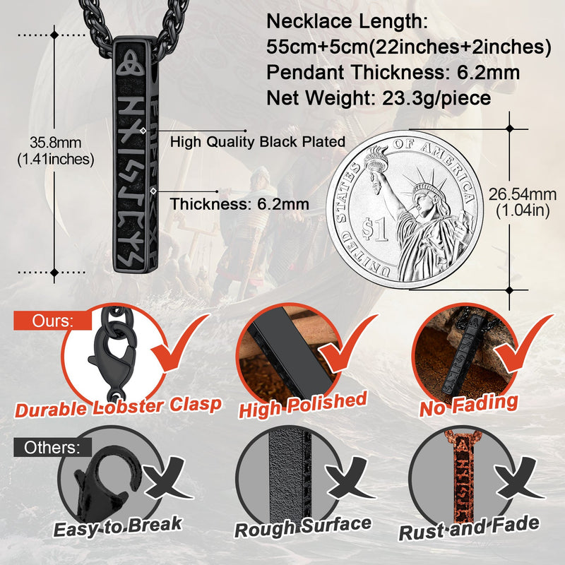 Engraved Viking Runes Bar Necklace Pendant Jewelry for