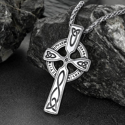 Irish Celtic Cross Pendant Necklace With Viking Runes for