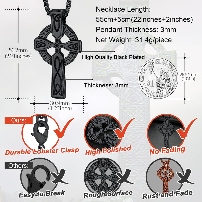 Irish Celtic Cross Pendant Necklace With Viking Runes for
