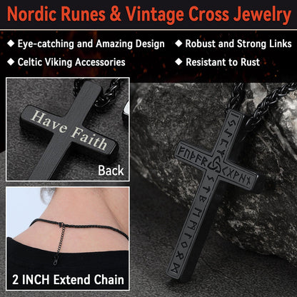 Viking Rune Cross Pendant Necklace for