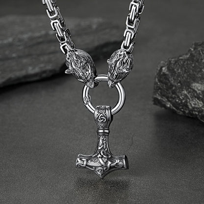 Viking Mjolnir Thor's Hammer Necklace With Wolf Head Kings Chain
