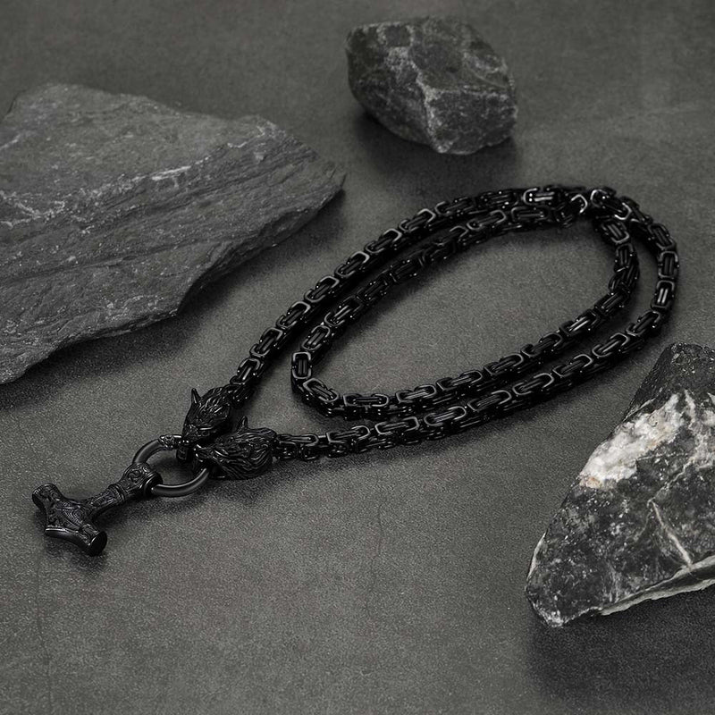 Viking Mjolnir Thor's Hammer Necklace With Wolf Head Kings Chain